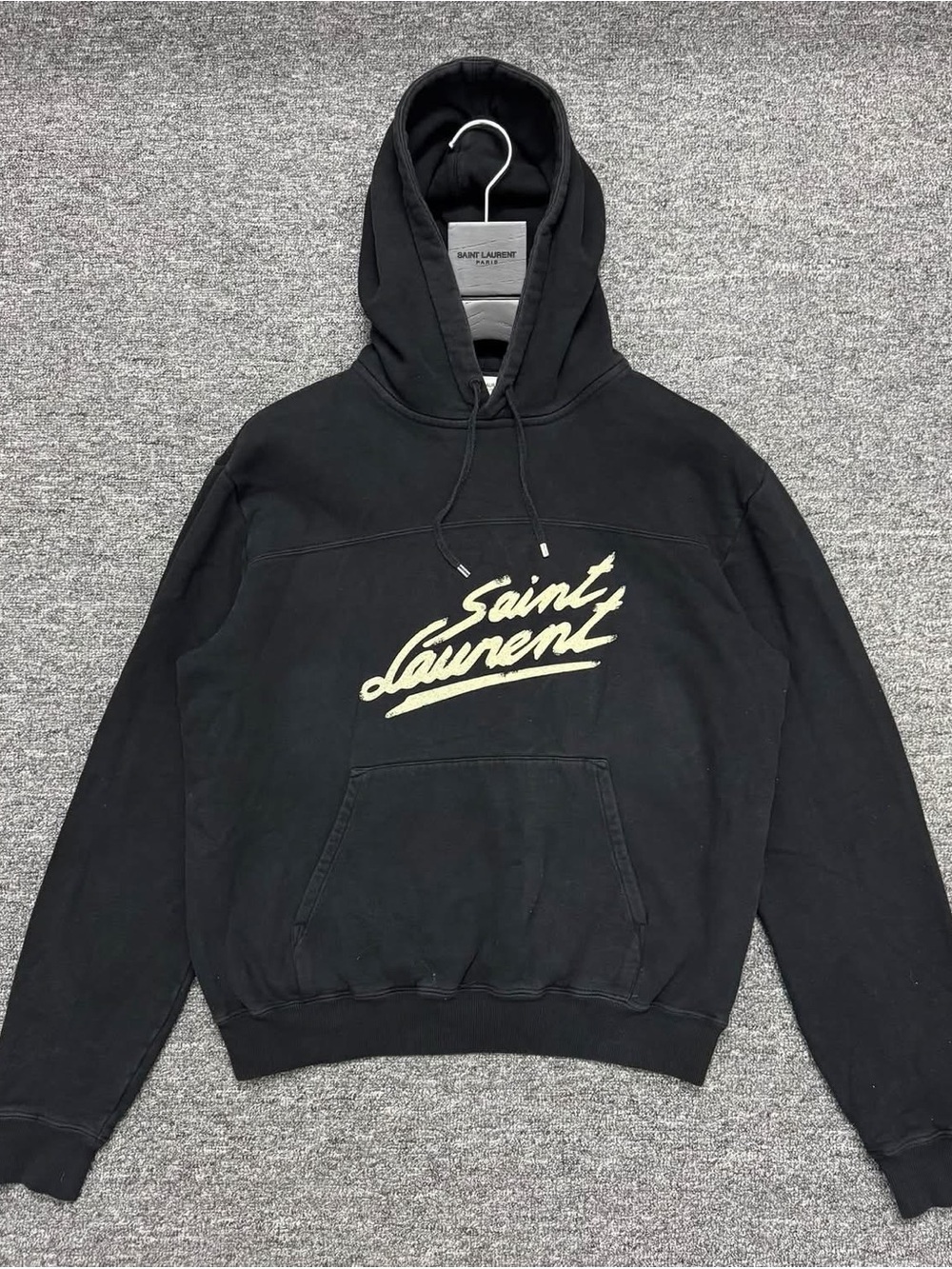 Saint Laurent Black Hoodie with Cream Script Logo